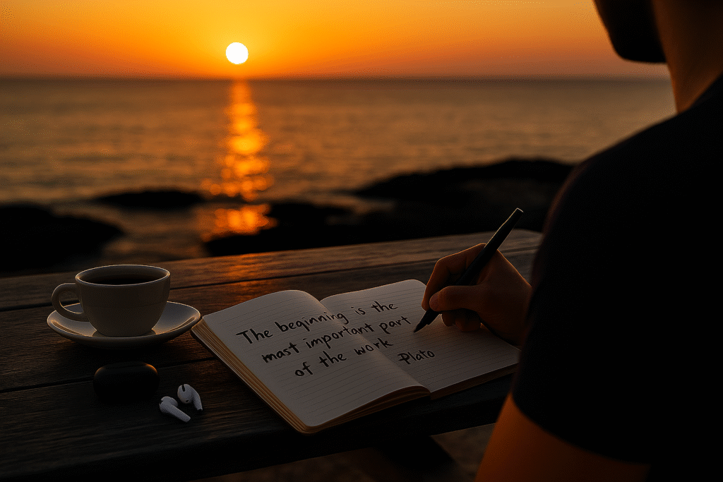 Sunset with journal and coffee representing a personal alcohol recovery journey - alcohol recovery blog inspiration.