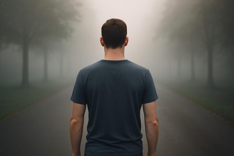 Loneliness in sobriety signified by a man walking alone down a path on a foggy dawn.