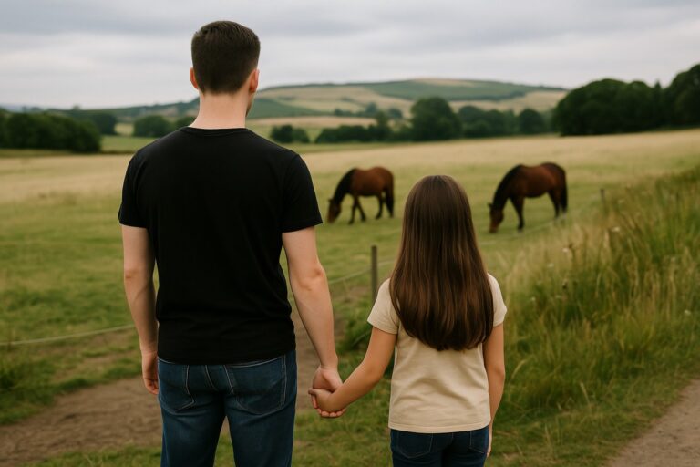 Father and daughter holiding hands by a field, reflecting alcohol recovery and fatherhood